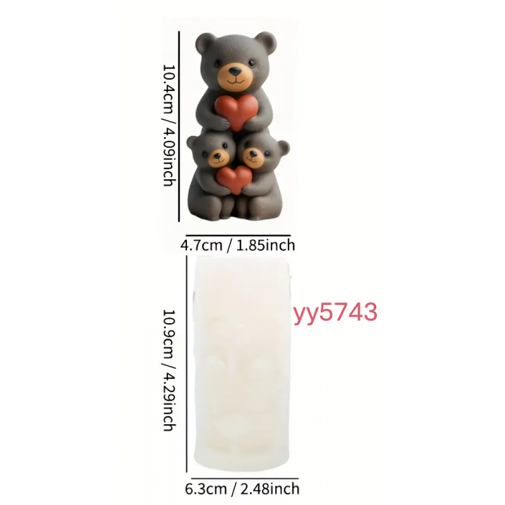  YY5743 Üçlü Kalp Tutan Gri Ayıcık Biblo Silikon Kalıp • El Yapımı Dekoratif Figür Kalıbı • Sevimli ve Anlamlı Hediye Seçeneği!