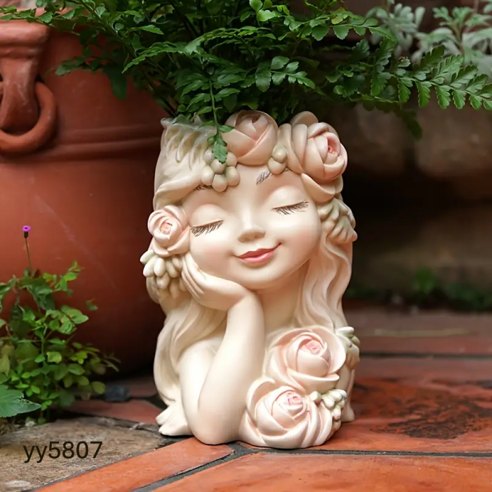  YY5807 Çiçek Taçlı Kız Figürlü Sukulent Saksı Kalıbı • El Yapımı Romantik Tasarım ve Özel Günler için Hediye Seçeneği!