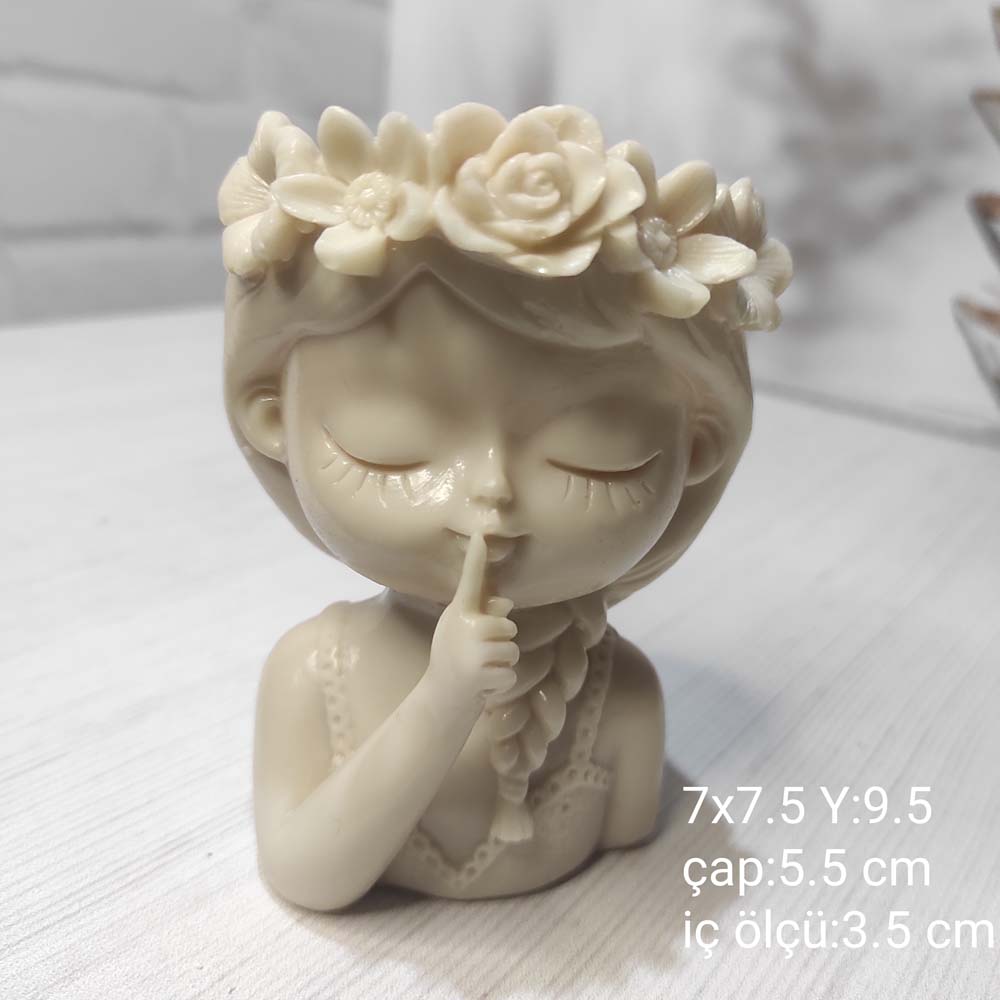 YY0833 Çiçek Taçlı Sus İşareti Yapan Kız Saksı Silikon Kalıp